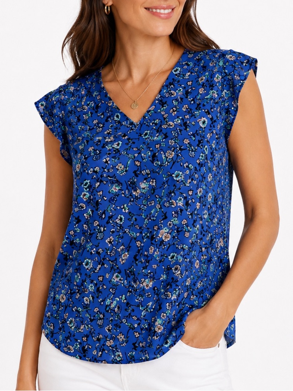 Pleione Blue Floral Blouse Sleeveless Scoop Neck Popover Relaxed Fit S